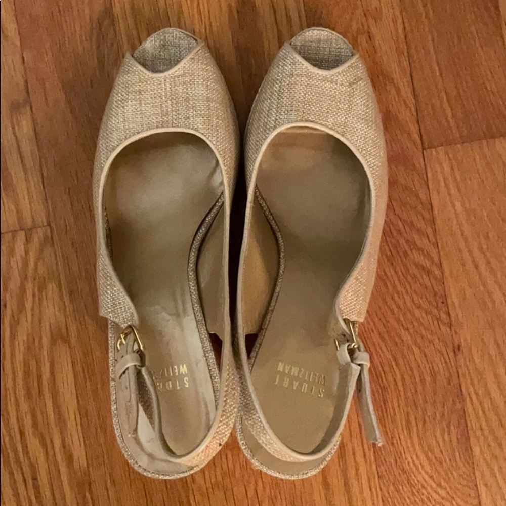 Stuart Weitzman Canvas and Jute Wedge Peep Toe
